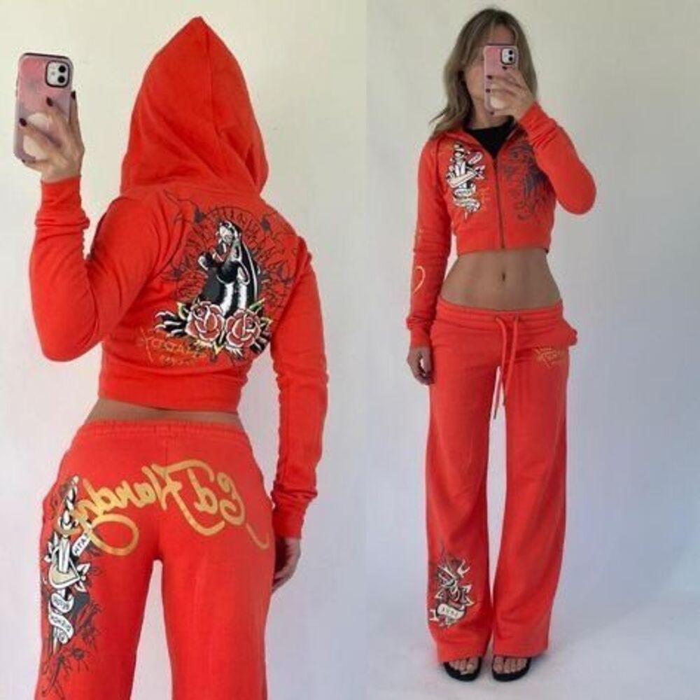 Ed Hardy two-piece zip-up hoodie and sweatpants set featuring Y2K-style tattoo g